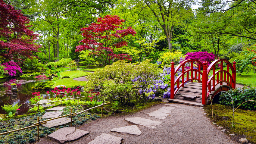 Un grand jardin zen japonais avec fleurs colorées.