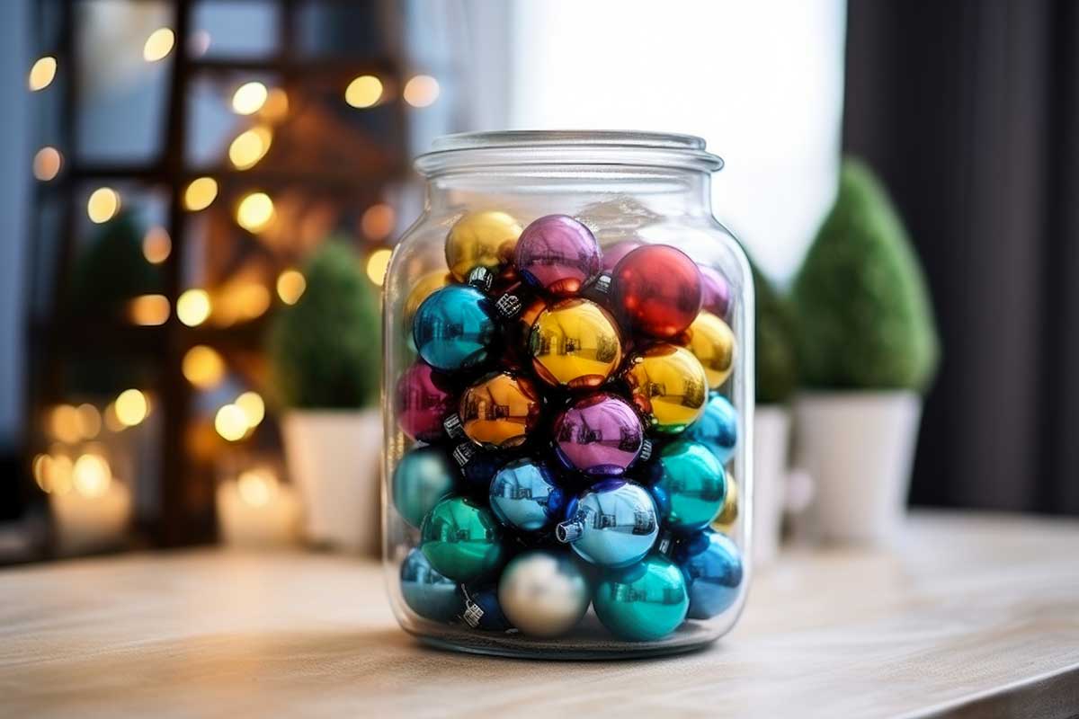 Bocal en verre recyclé avec des boules de Noël colorées.